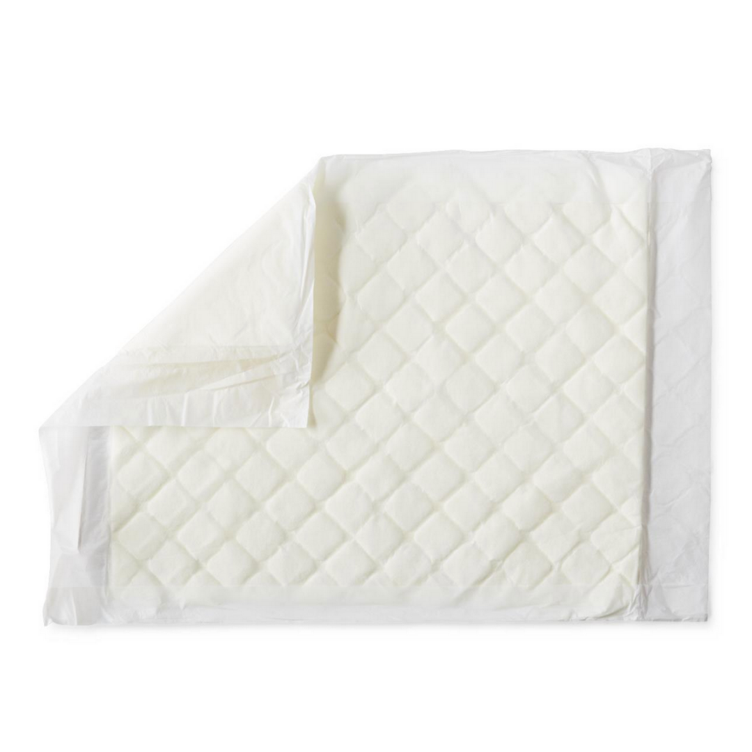 The Medline Protection Plus Disposable Underpads feature a white, quilted diamond-patterned surface with thin absorbent layers—see full specifications and helpful videos for more information.